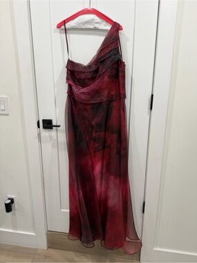 Rene Ruiz Collection Burgundy Floral One-Shoulder Organza Dress